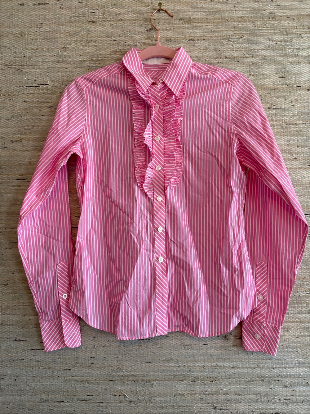 NWT Lilly Pulitzer Pink & White Striped Ruffle-Front Button Down